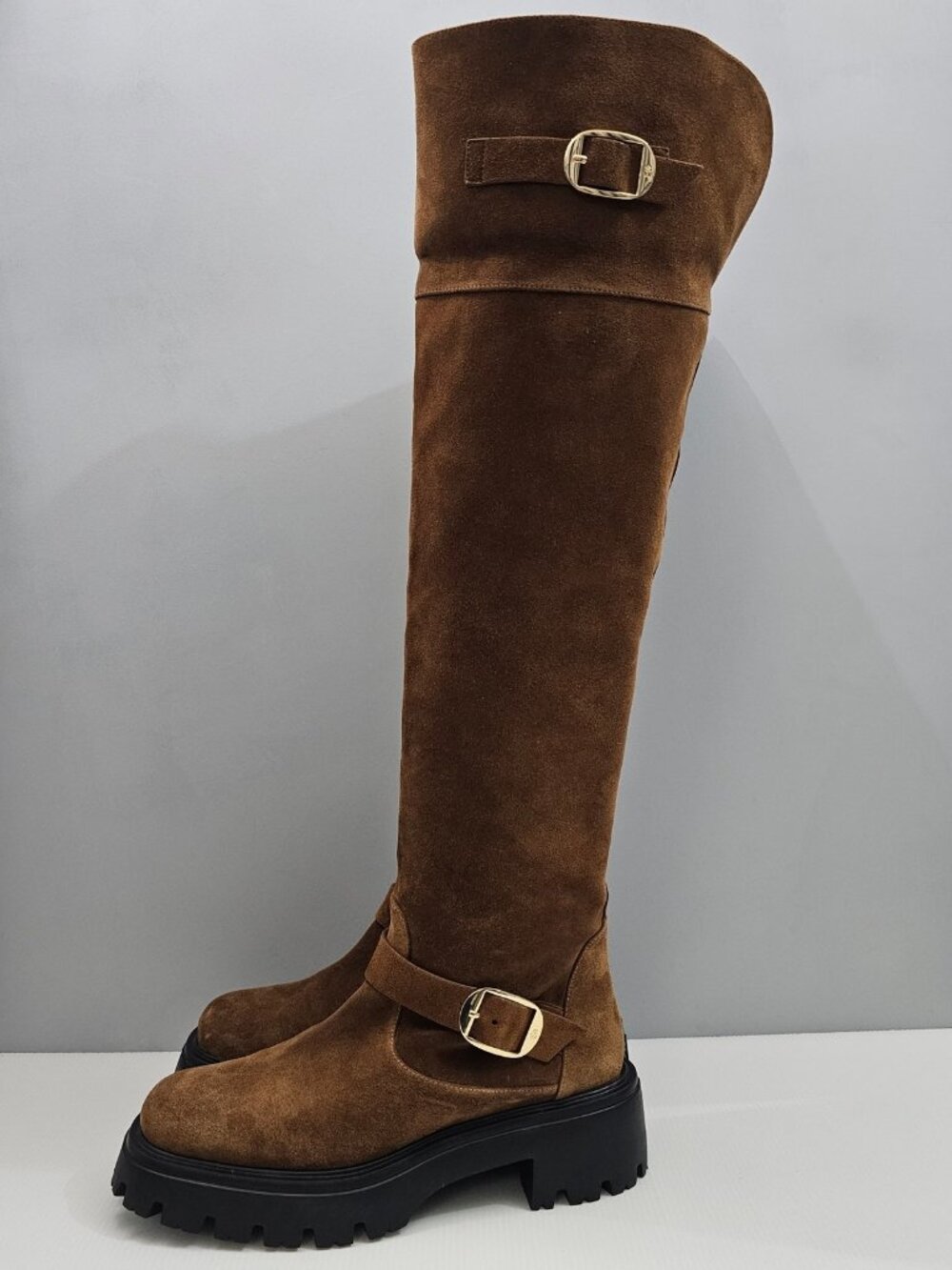 Stuart Weitzman Emerson Moto Over The Knee Boots Womens 9.5 Brown Suede Lug Sole